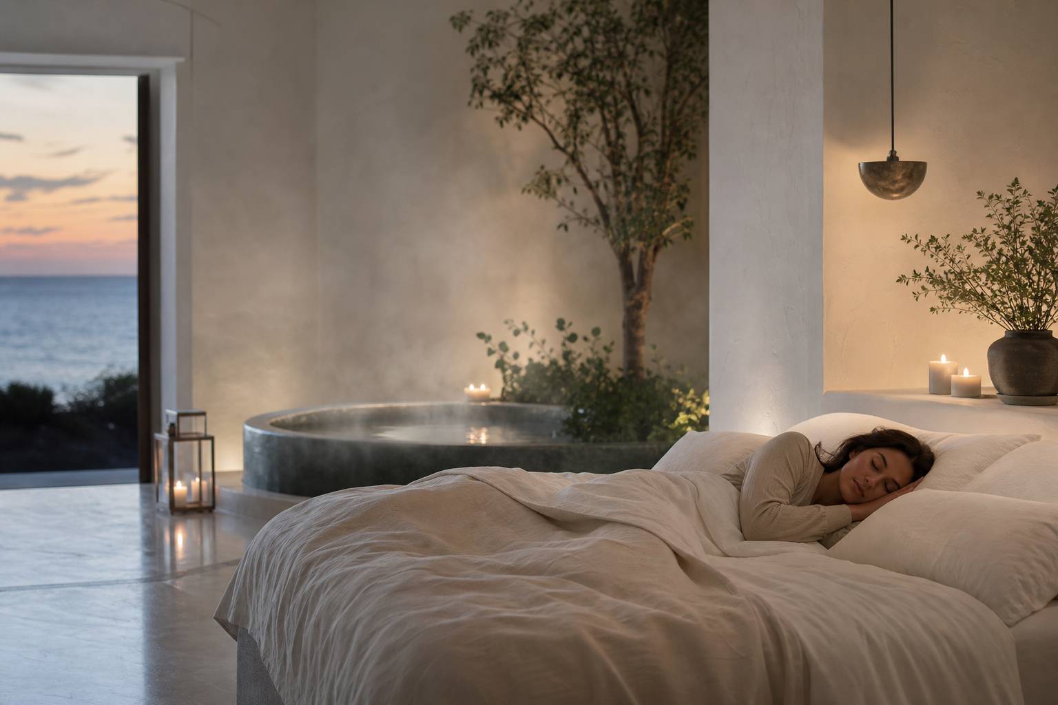 Chambre paisible le soir avec éclairage tamisé, ambiance reposante pour un sommeil réparateur