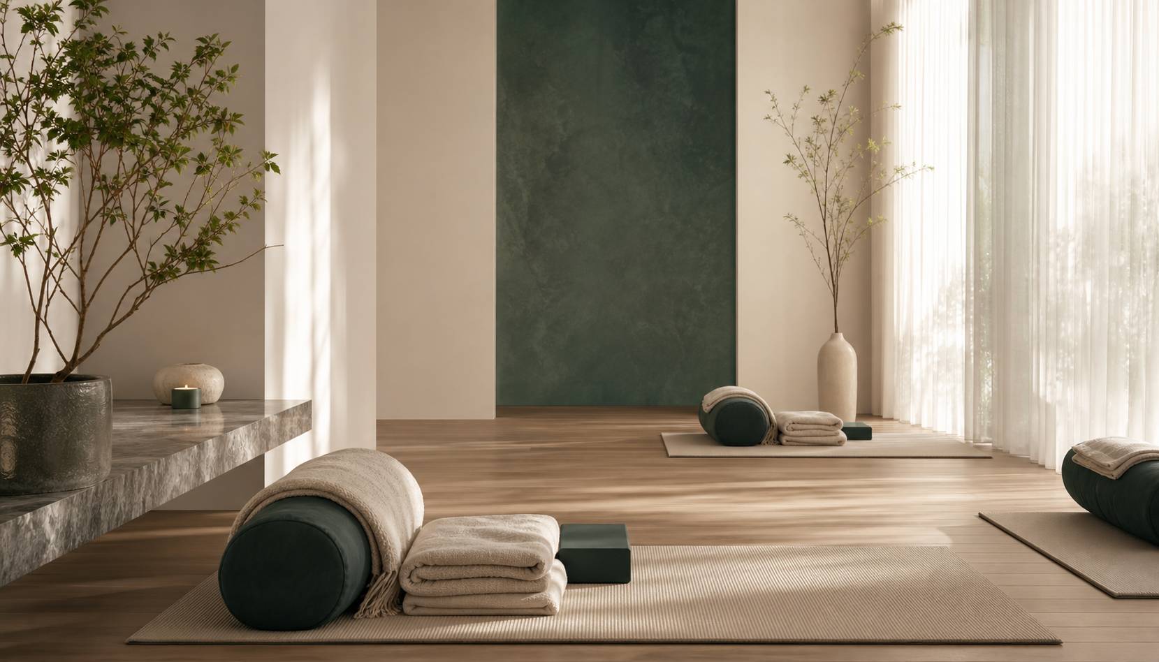 Studio de yoga lumineux avec tapis et coussins, ambiance minimaliste et apaisante