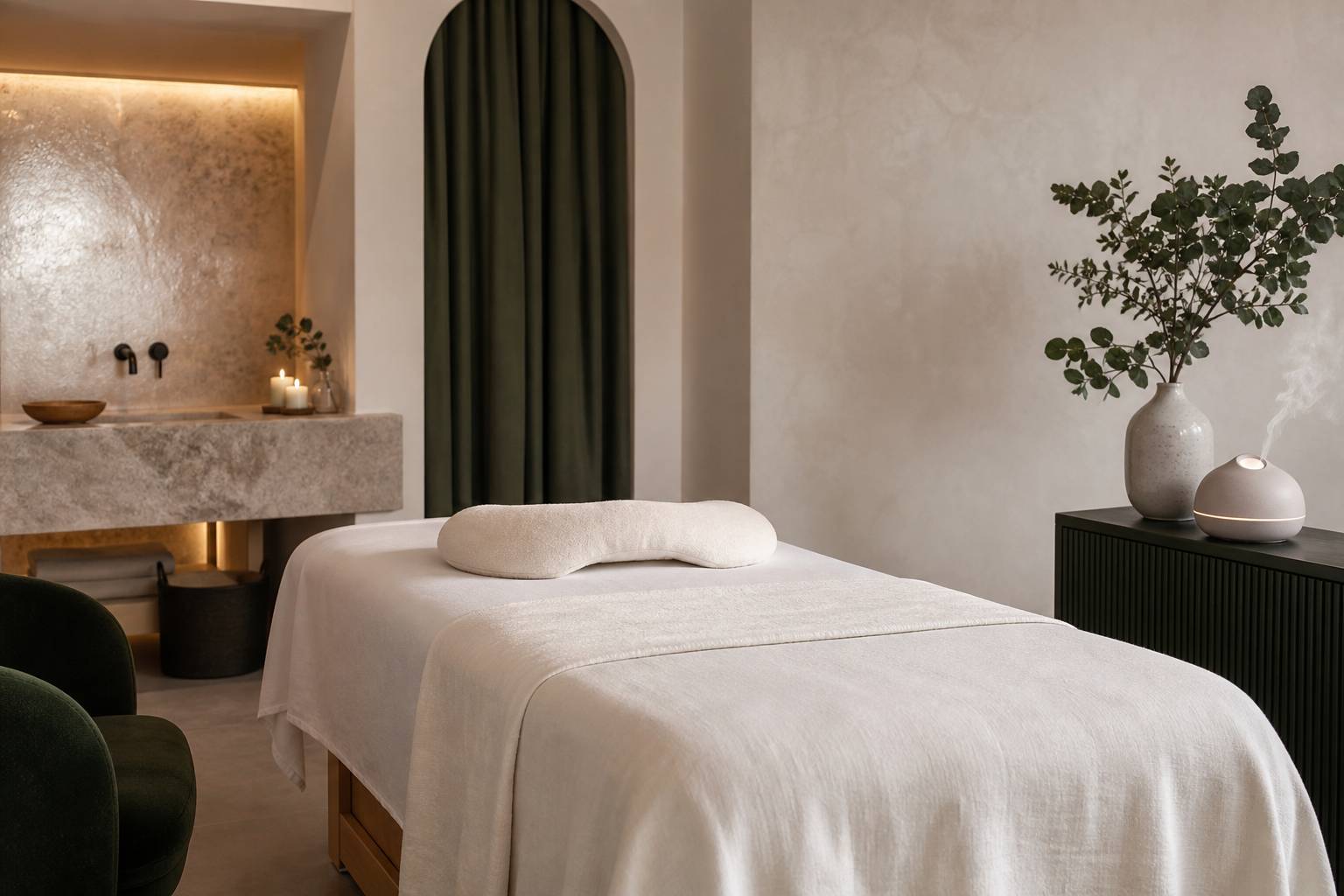 Salle de massage prénatal avec table confortable, lumière douce et aromathérapie pour futures mamans