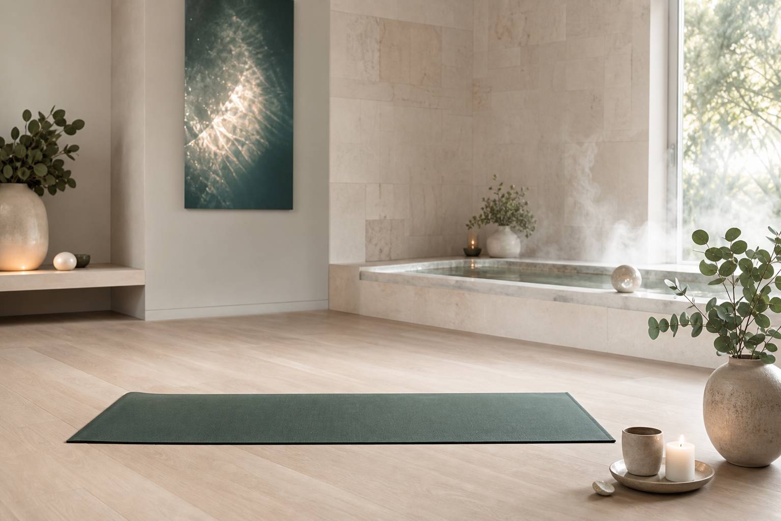 Salle de méditation apaisante avec coussins, lumière naturelle et décoration minimaliste