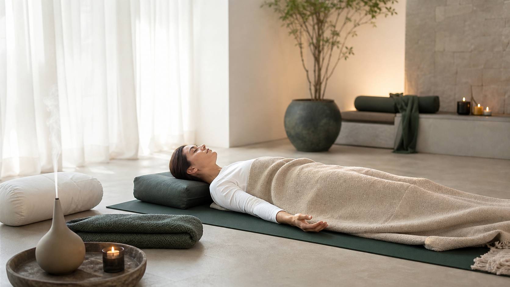 Personne allongée en savasana sur un tapis de yoga, lumière douce du matin, atmosphère de relaxation profonde