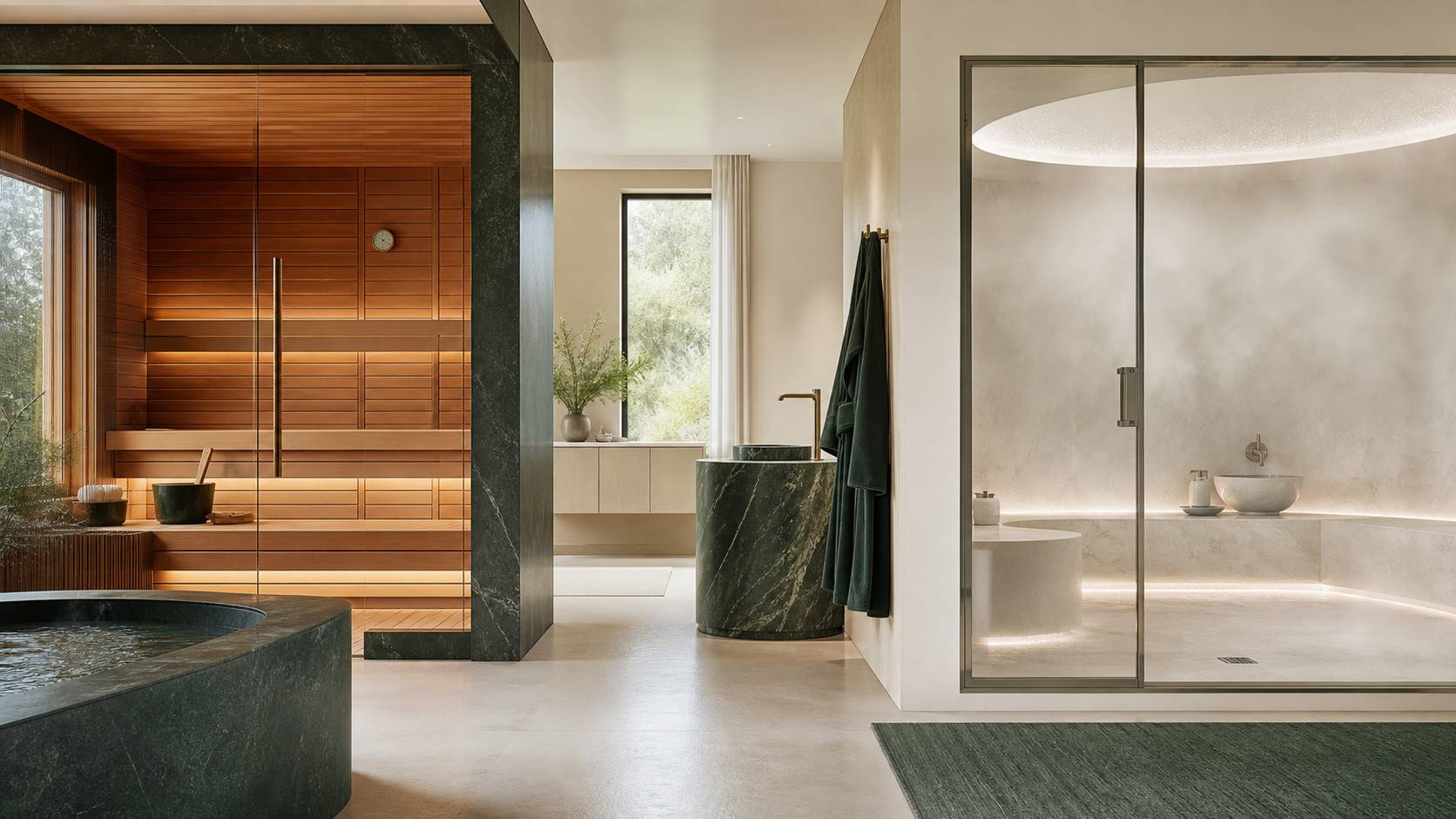 Comparaison sauna et hammam domestiques, cabines en bois et carrelage, salle de bain bien-être