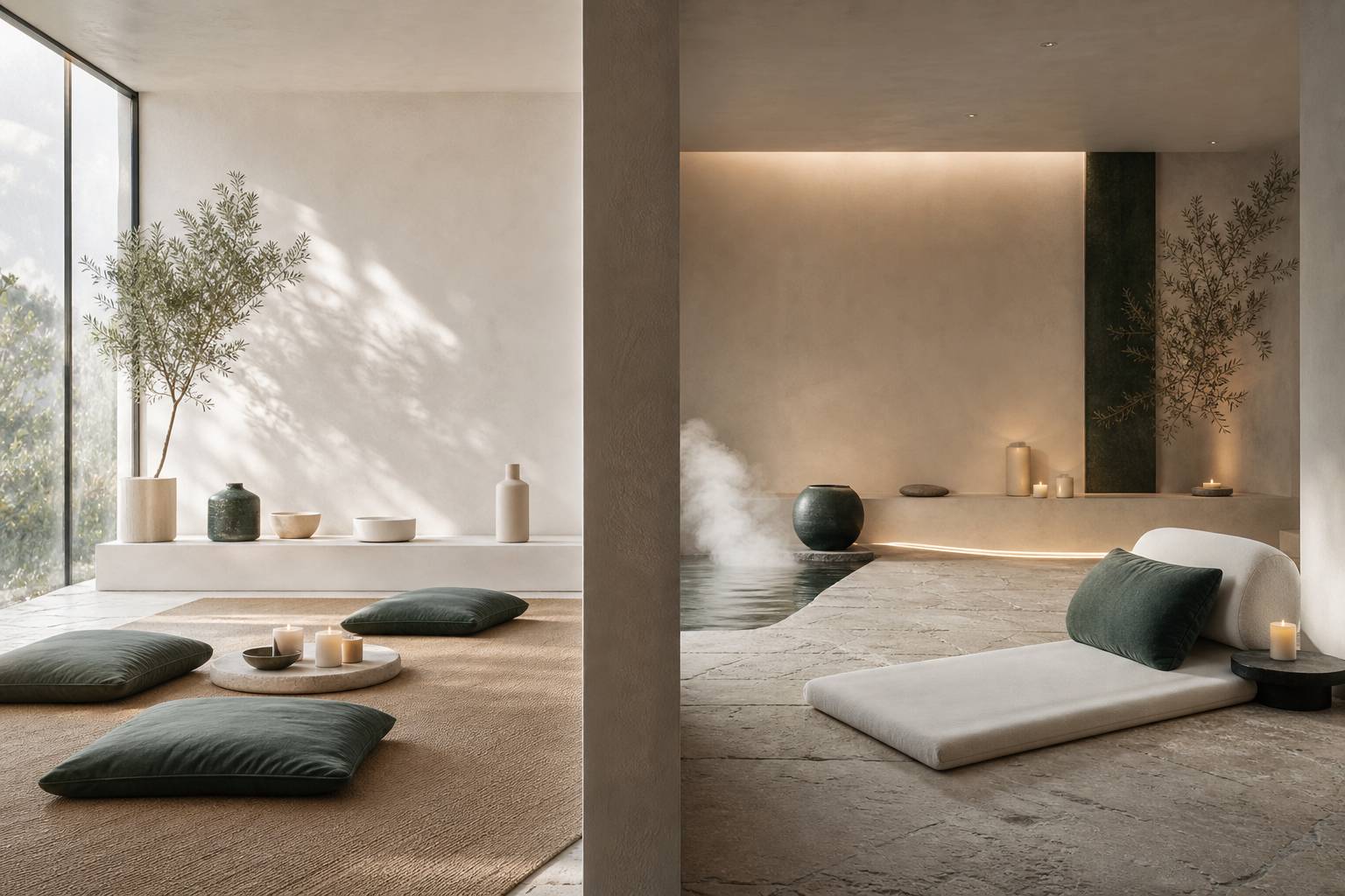 Coin méditation et sophrologie comparés, coussins et lumière douce, pratique bien-être au choix