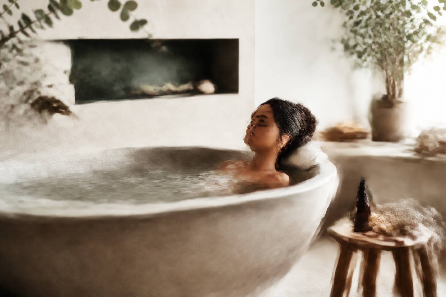 Salle de bain spa avec jacuzzi et produits d'entretien, ambiance bien-être et détente