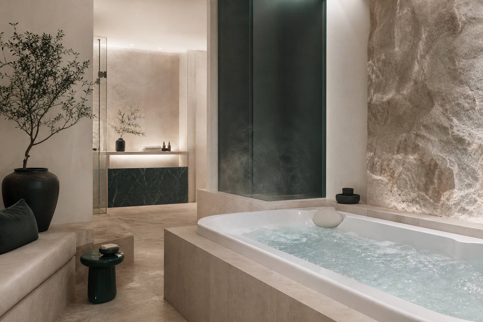 Spa privatif avec bain à remous et lumière tamisée pour une expérience bien-être et relaxation totale