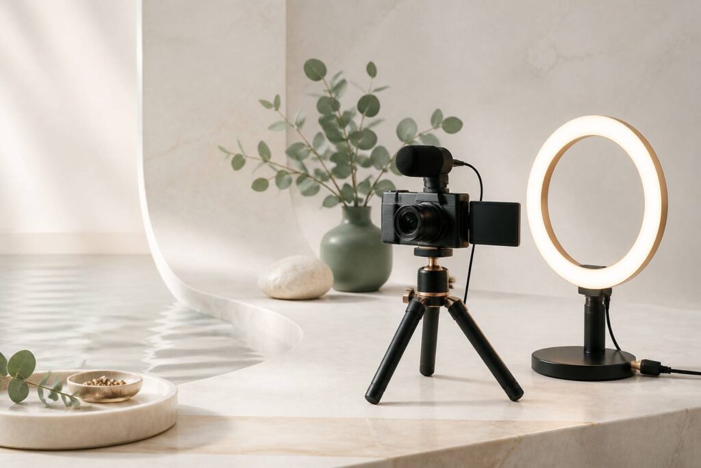 Appareil photo compact à écran orientable sur trépied avec accessoires de vlog