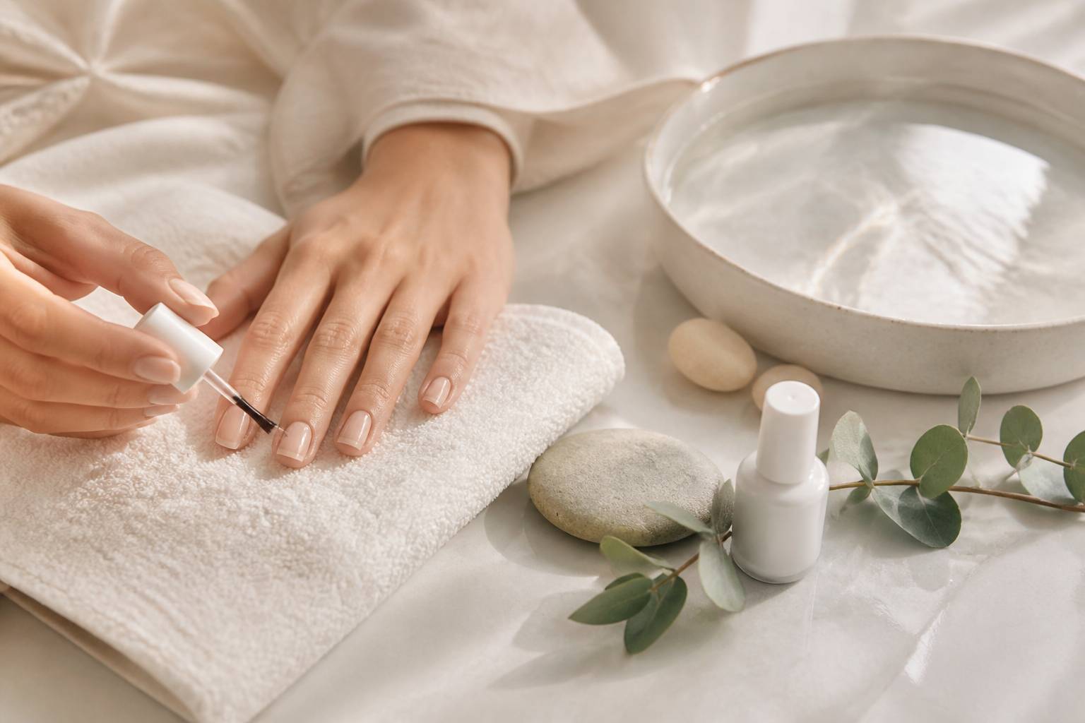 Pinceau de vernis transparent appliqué sur un ongle naturel