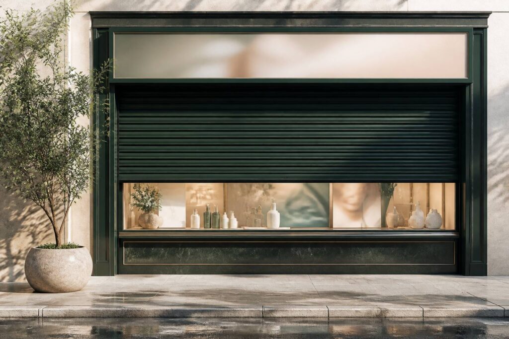 Vitrine de boutique de cosmétiques fermée par un rideau de fer