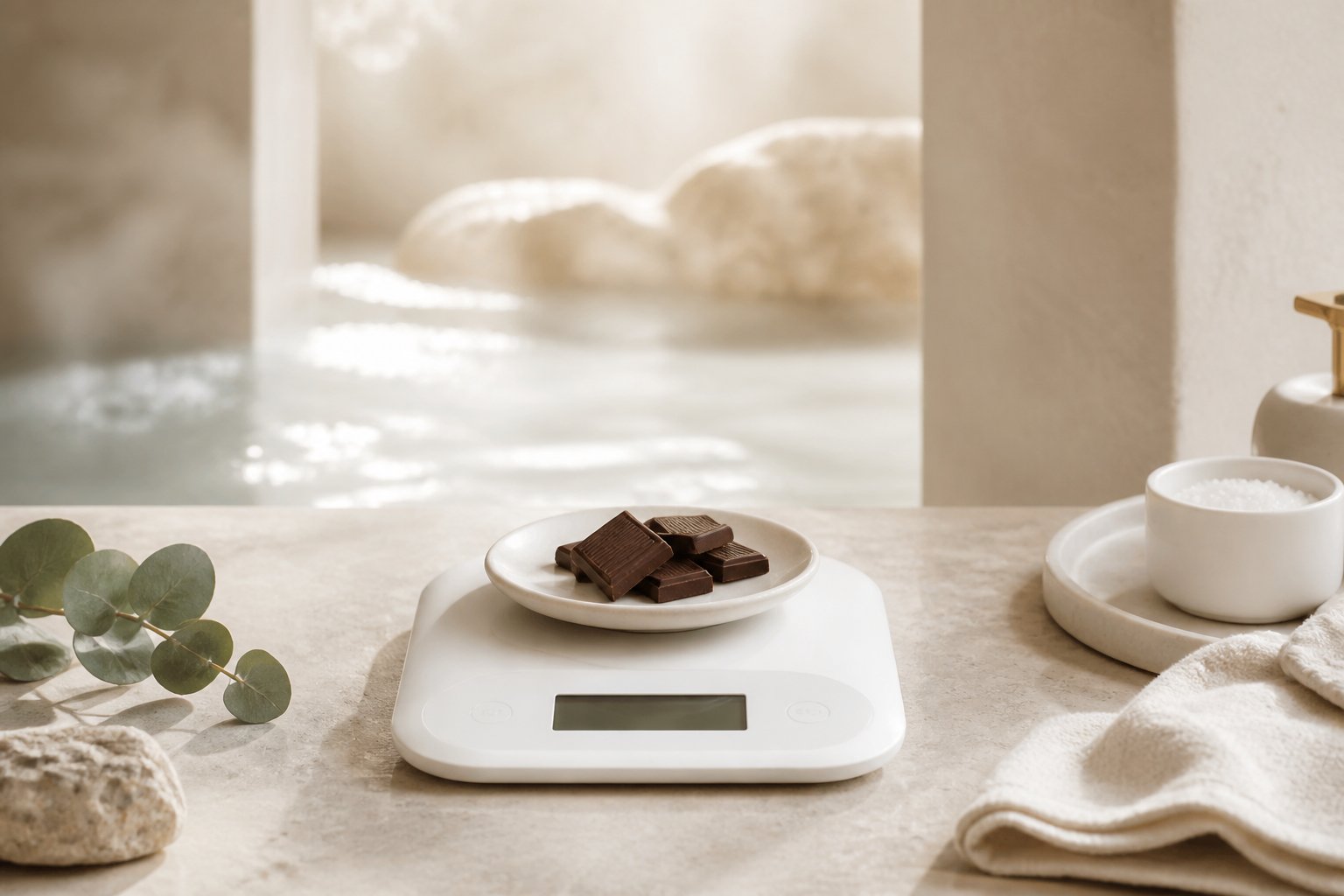 Carrés de chocolat génériques en petite portion sur une balance de cuisine blanche minimaliste