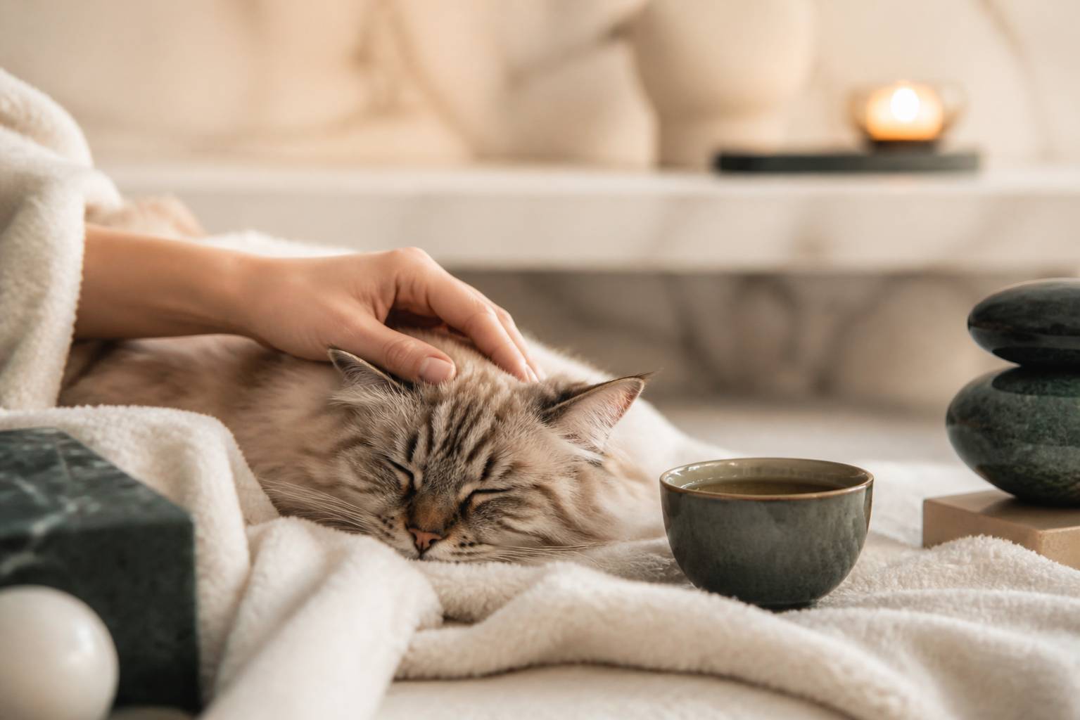 Main caressant doucement un chat endormi sur un plaid clair