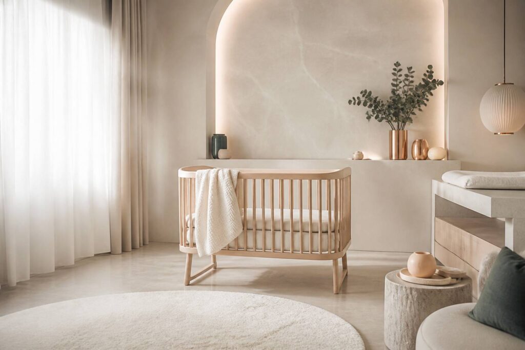 Chambre de maternité apaisante avec berceau en bois clair et couverture en maille