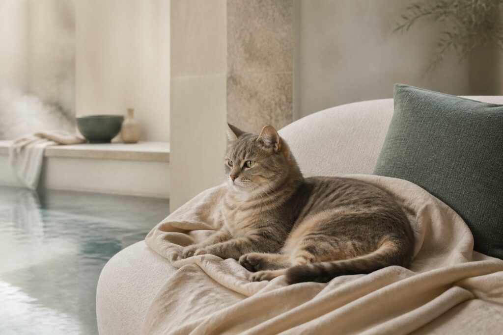 Chat au pelage doux allongé sur un canapé en lin clair