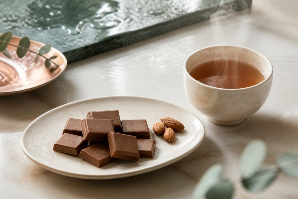 Carrés de chocolat au lait génériques sur assiette en céramique ivoire, tasse de thé et amandes