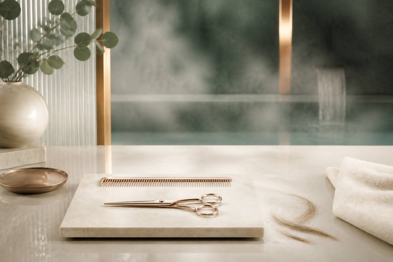 Ciseaux de précision et peigne posés sur une table de coiffure en pierre claire