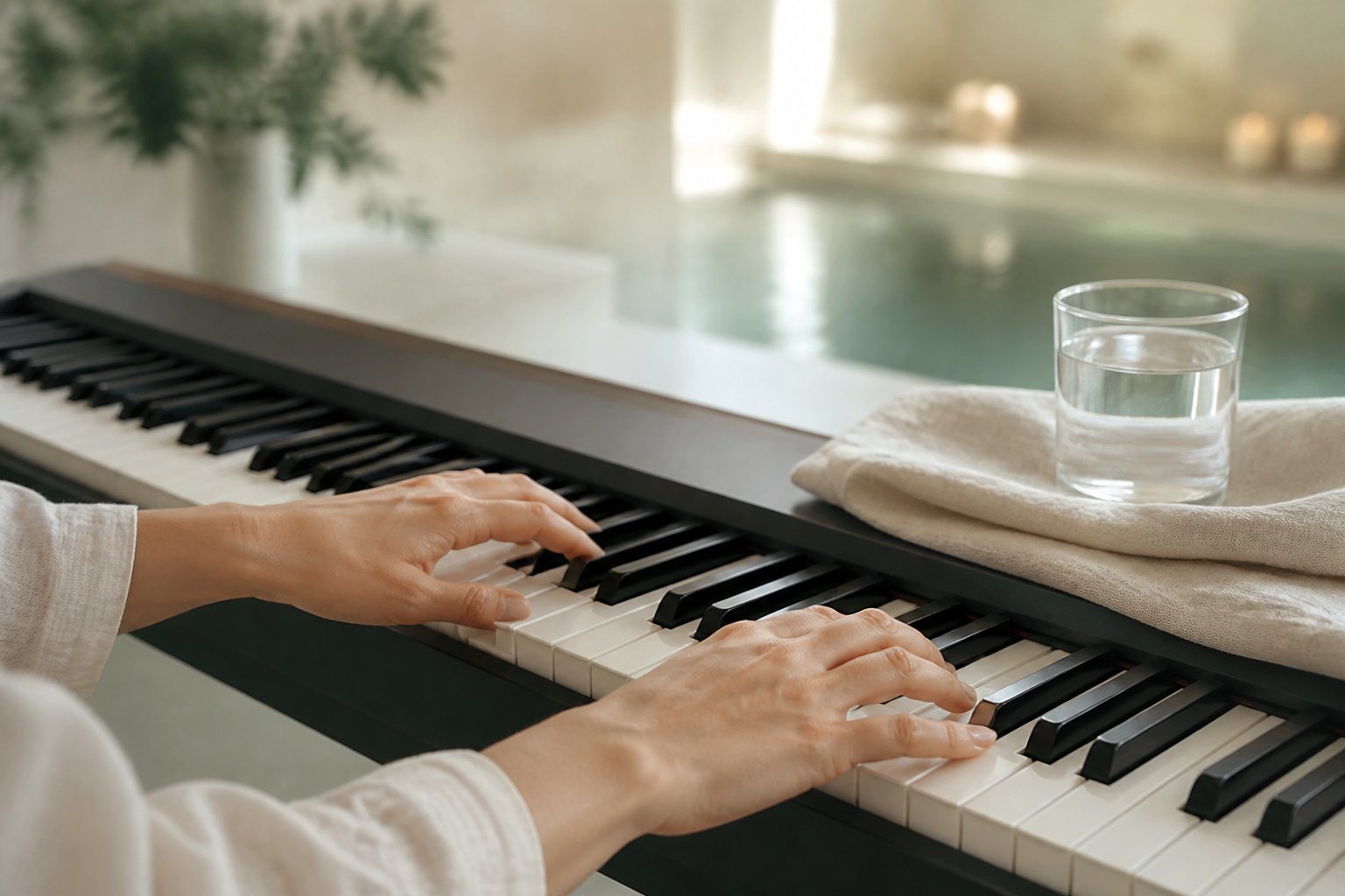 Mains jouant un accord sur le clavier 88 touches d'un piano numérique