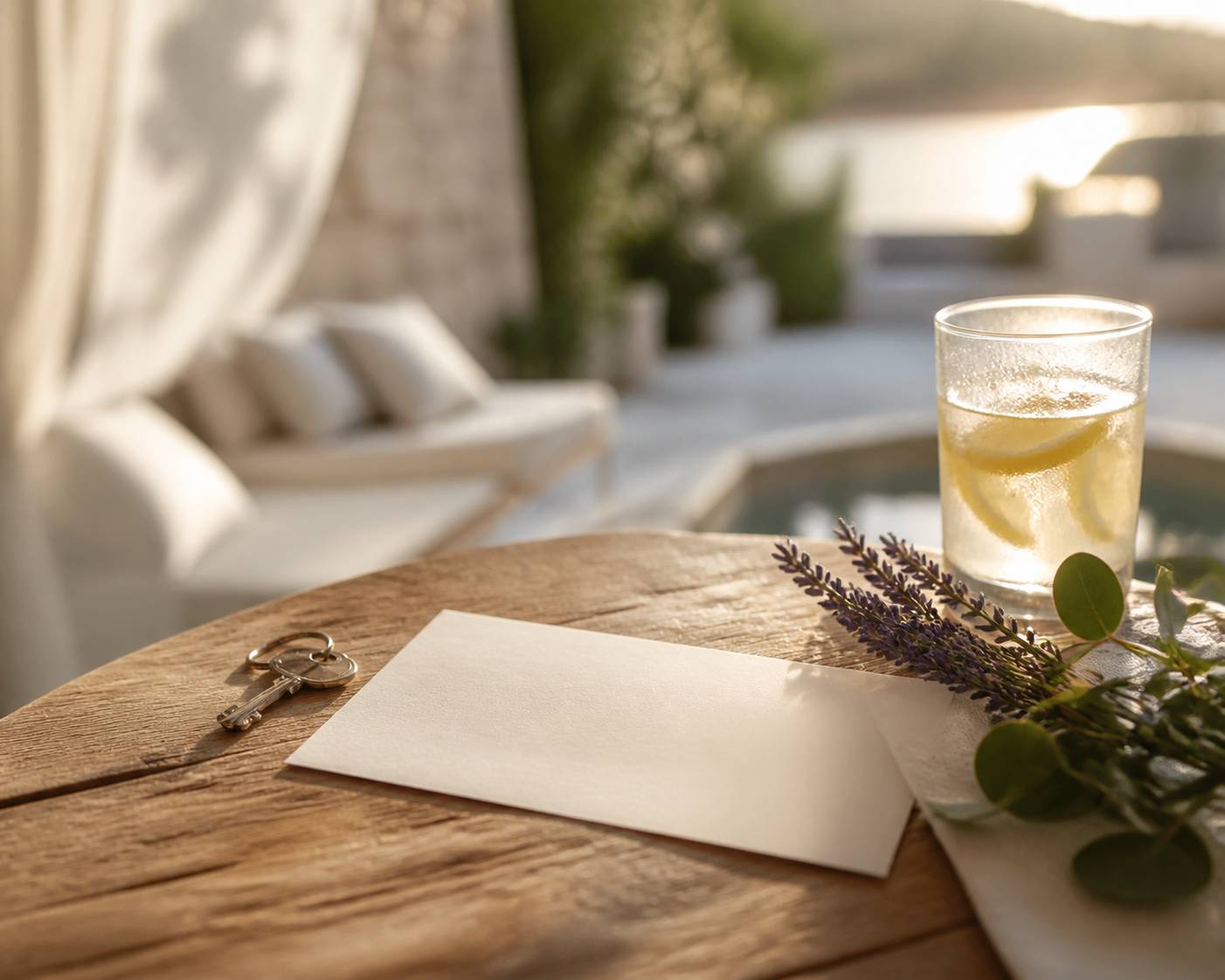 Clé de maison posée sur une table en bois avec lavande et citronnade