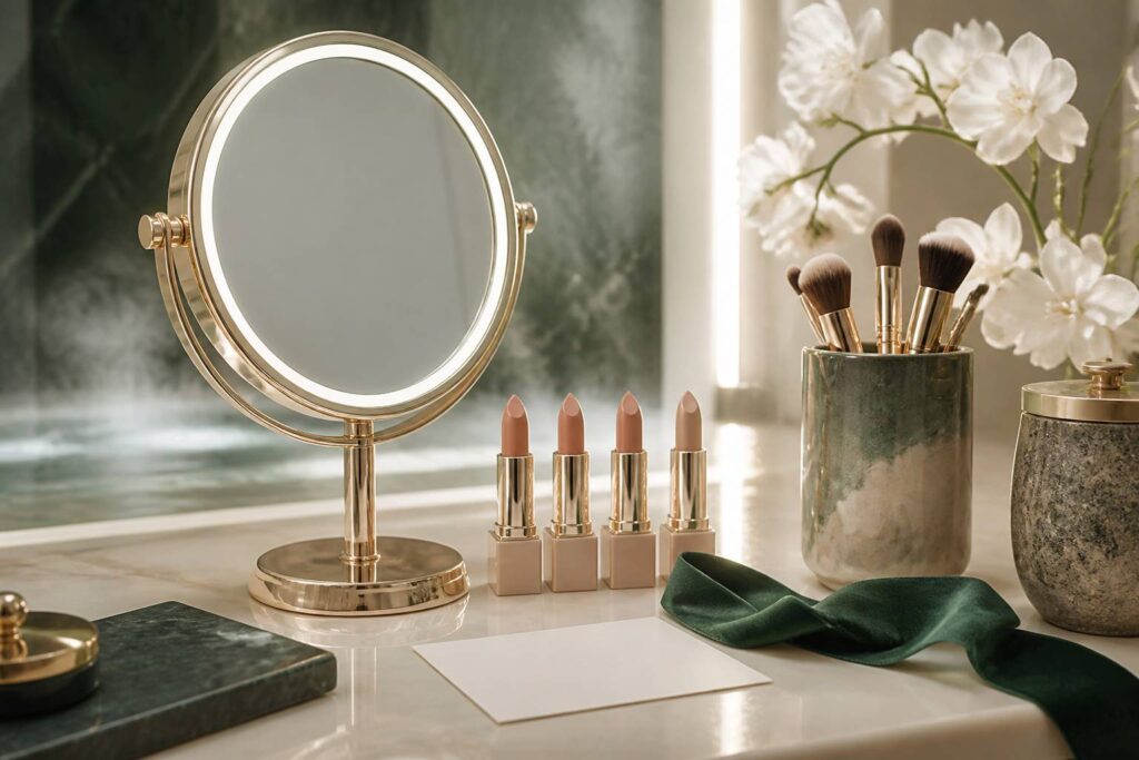 Coiffeuse avec miroir lumineux et rouges à lèvres nude pour une cérémonie