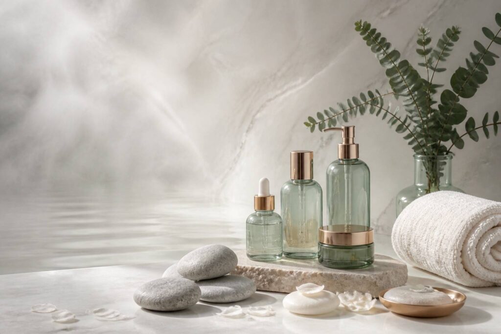 Flacons de soins cosmétiques sans étiquette avec branche d'eucalyptus