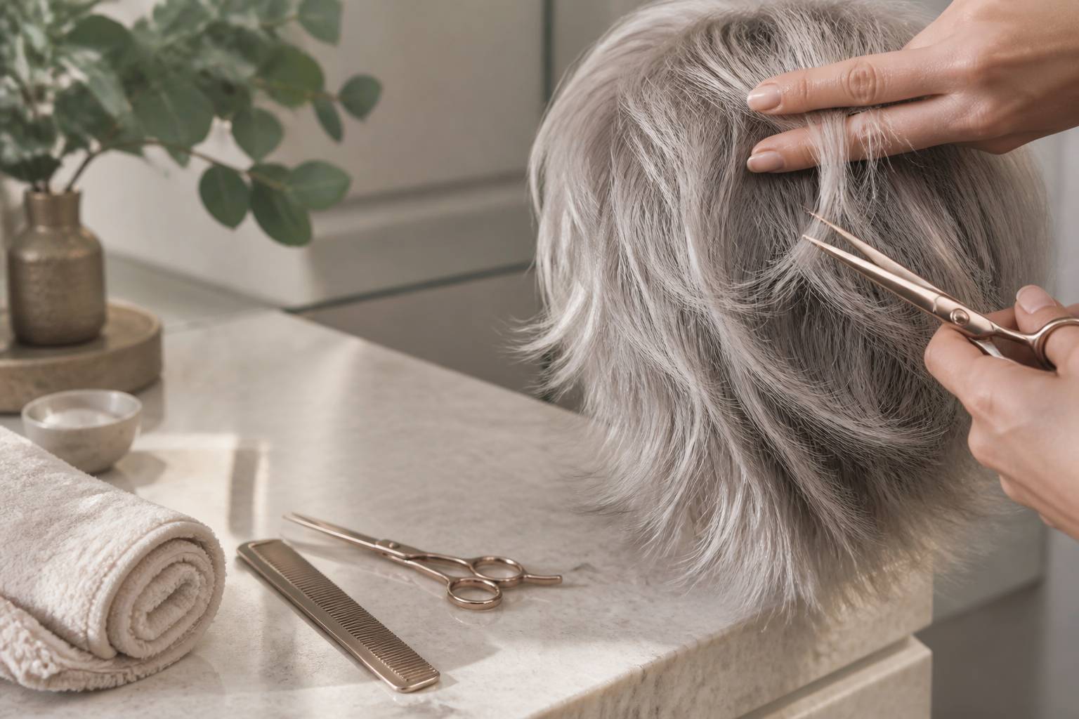 Mains de coiffeuse sculptant une coupe shag effilée aux cheveux gris argentés sur plan de travail en pierre