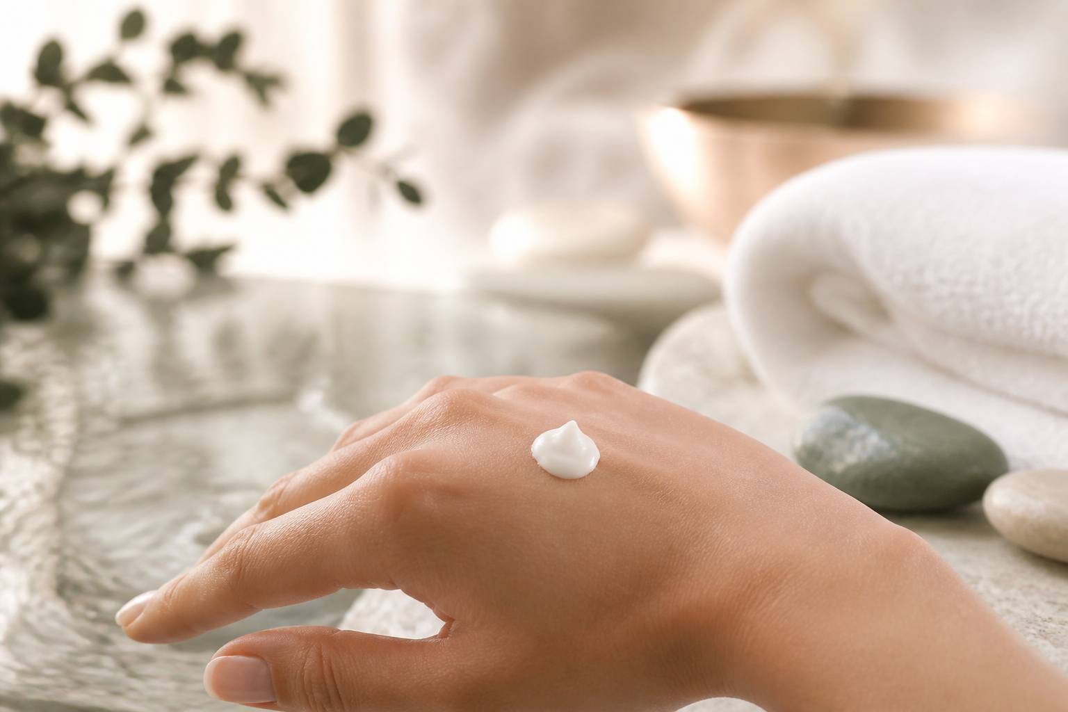 Noisette de crème blanche sur le dos d'une main près d'une serviette
