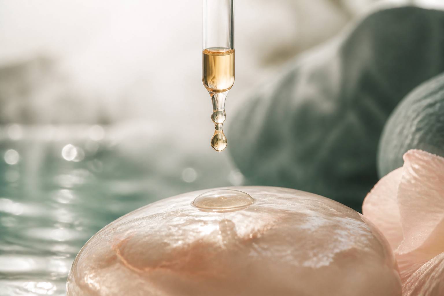 Goutte de sérum nacré tombant d'une pipette en verre