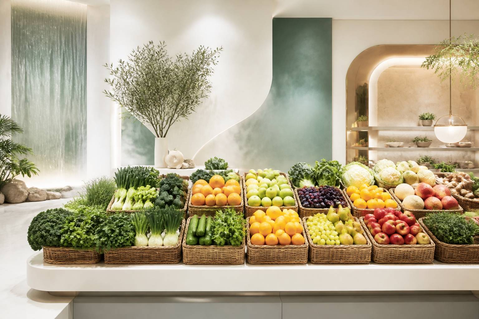 Étals de fruits et légumes de saison dans un supermarché moderne