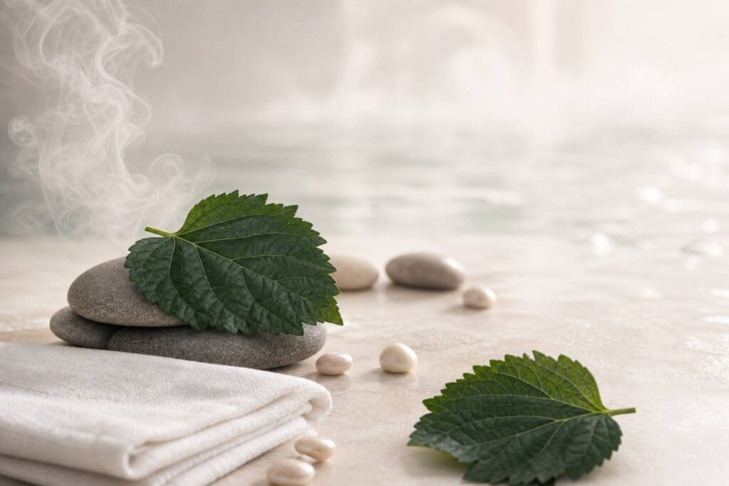 Feuilles de patchouli fraîches posées sur des pierres polies avec vapeur légère, ambiance spa