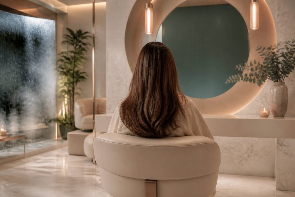 Femme vue de dos avec frange effilée dans un salon de coiffure haut de gamme