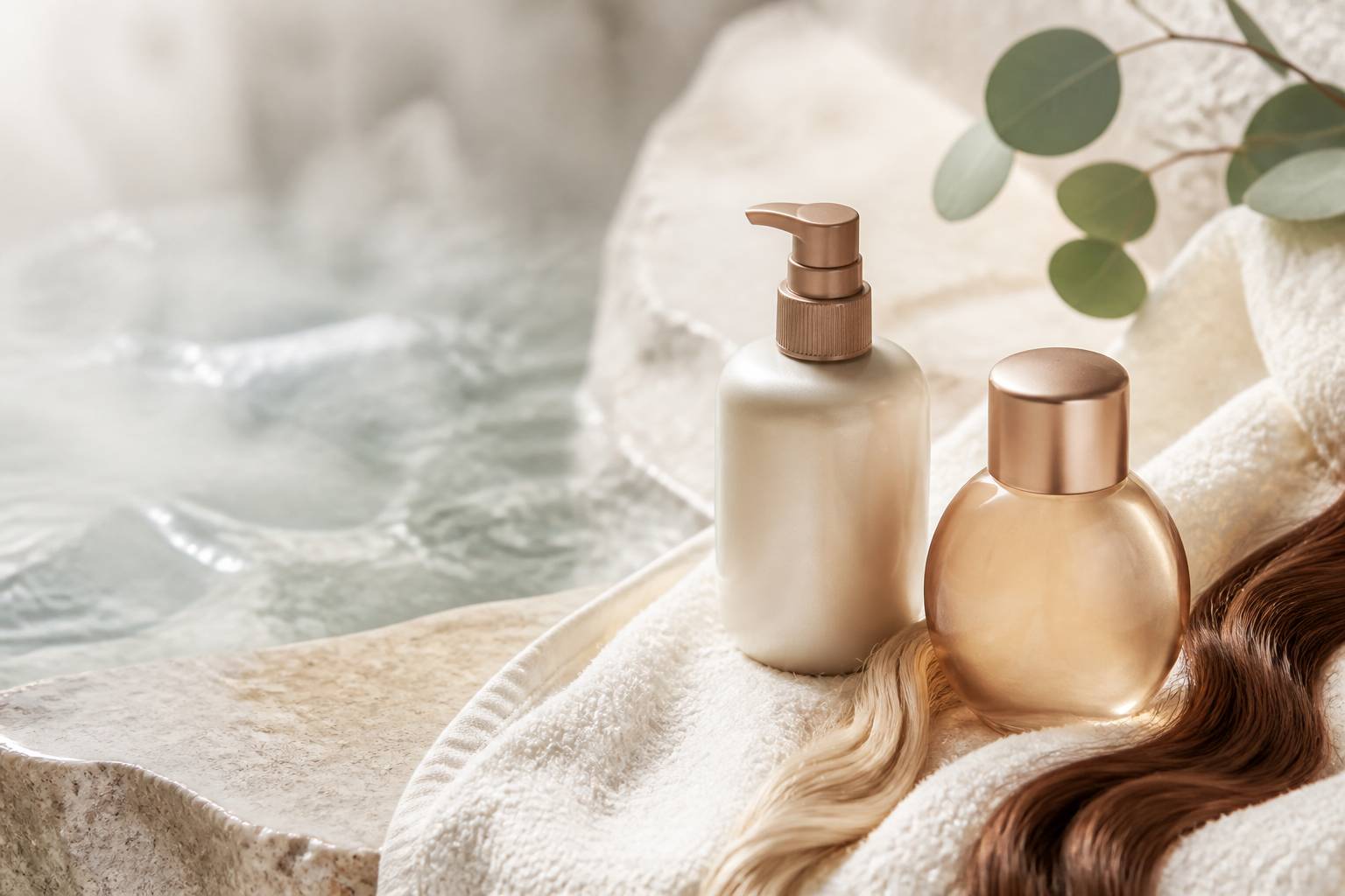 Flacons de gel et spray sans étiquette près de mèches blondes
