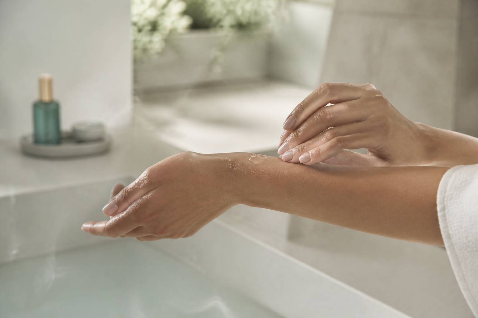 Main appliquant une goutte de sérum sur l'avant-bras