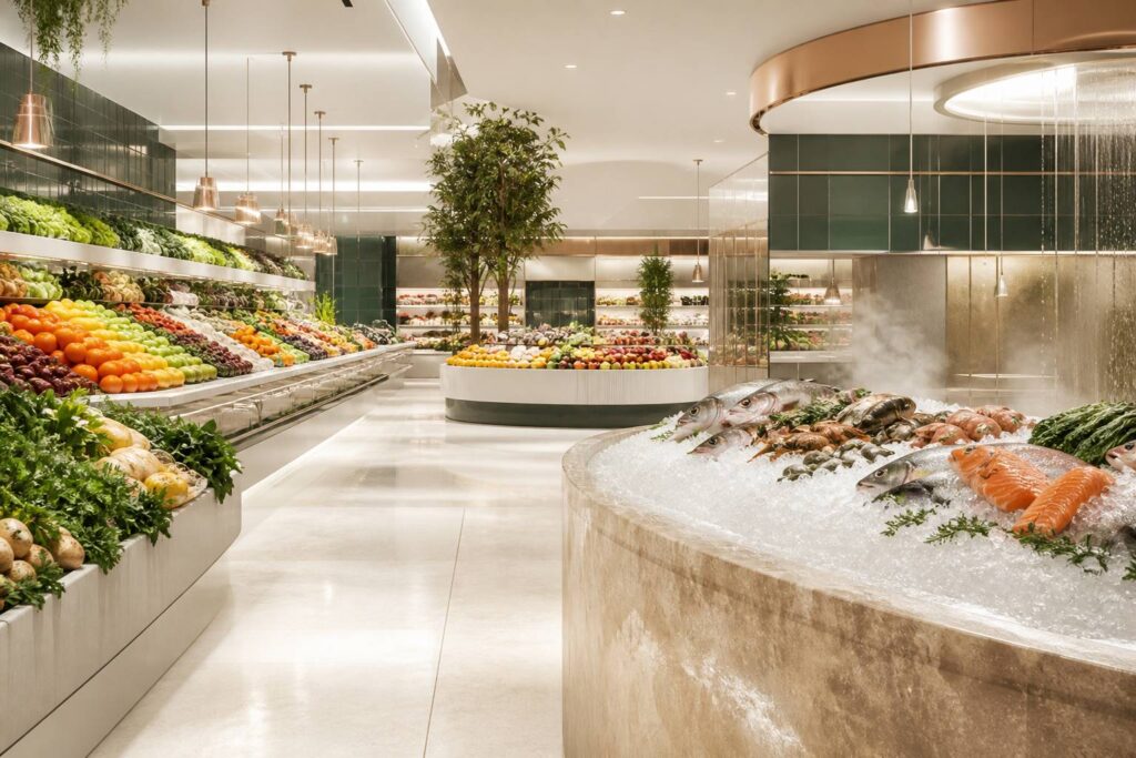 Intérieur lumineux de supermarché avec étals de fruits et légumes frais