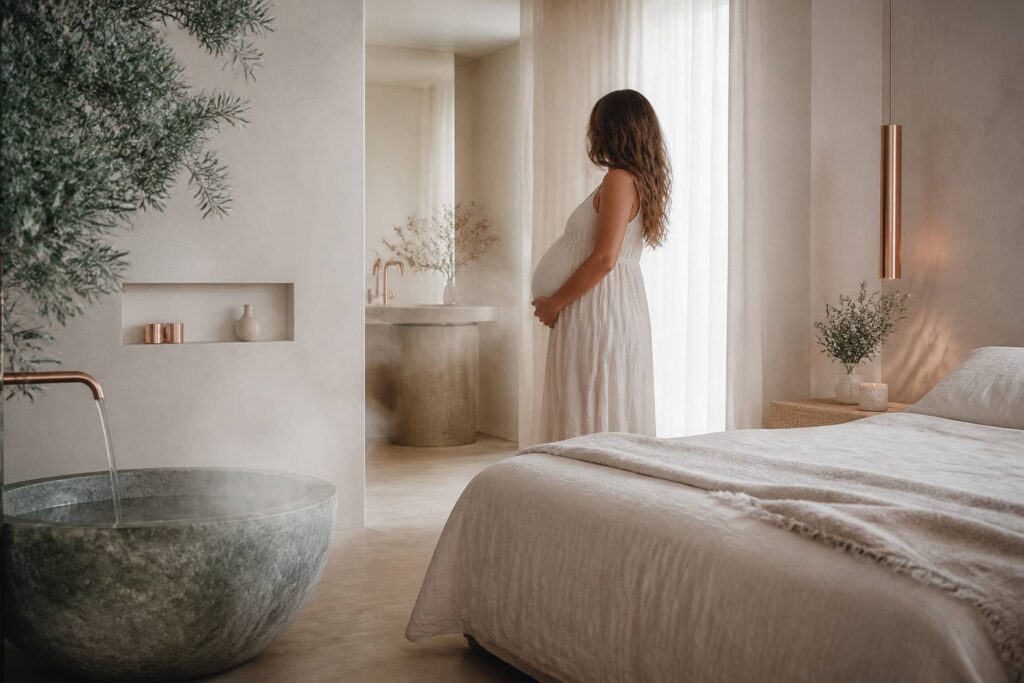 Silhouette de femme enceinte de six mois dans une lumière nacrée