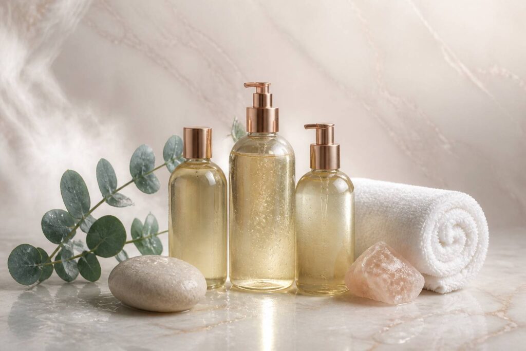 Flacons d'huile de douche sur fond ivoire avec eucalyptus et serviette
