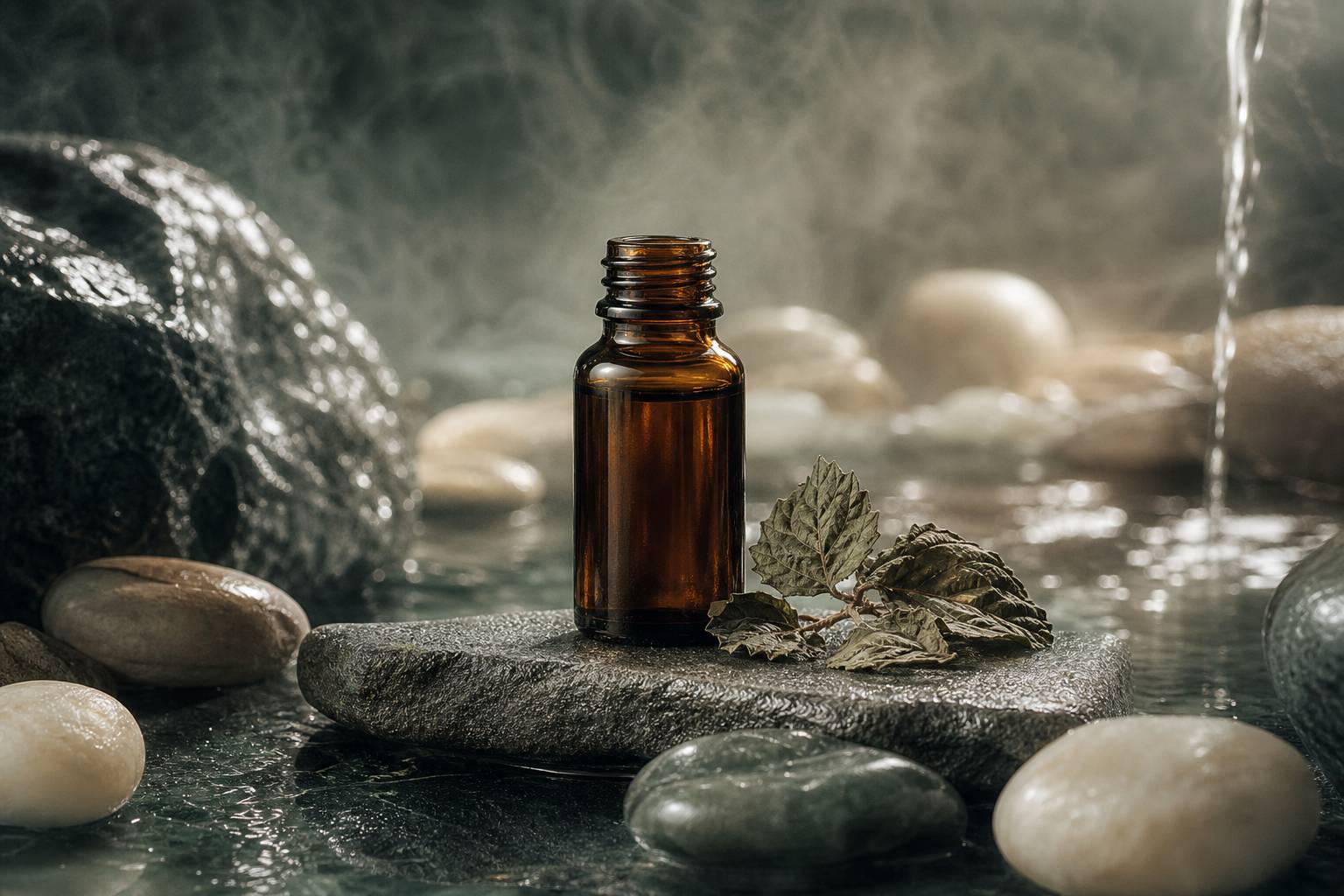 Flacon en verre ambré d'huile essentielle générique posé sur un socle en pierre avec feuilles de patchouli