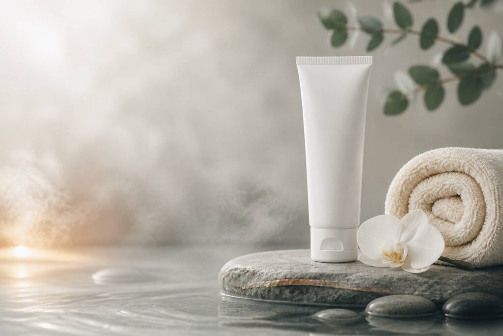 Tube de crème blanche posé sur une pierre avec serviette de spa