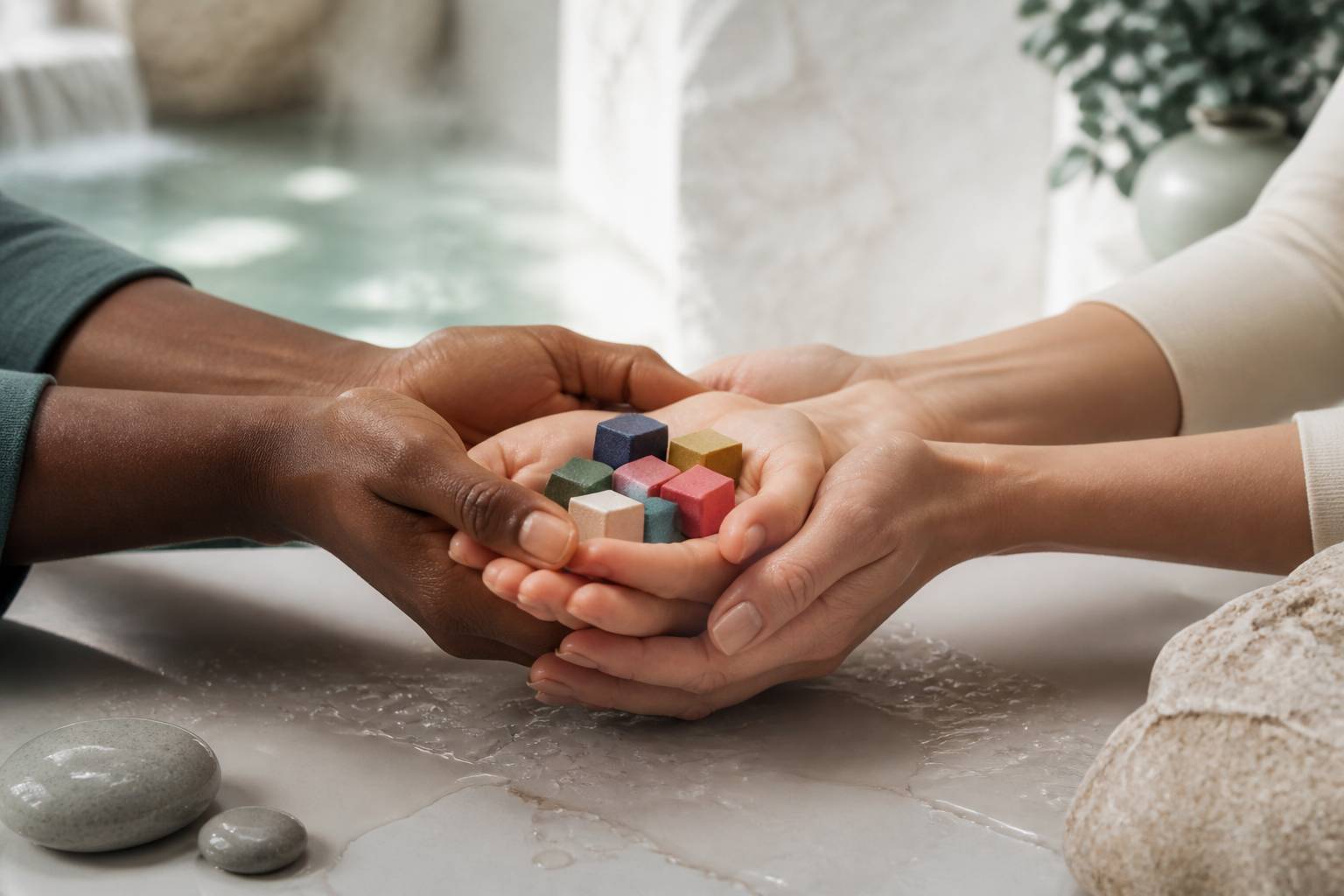 Mains adultes de teintes différentes autour de petites mains d'enfant avec des cubes