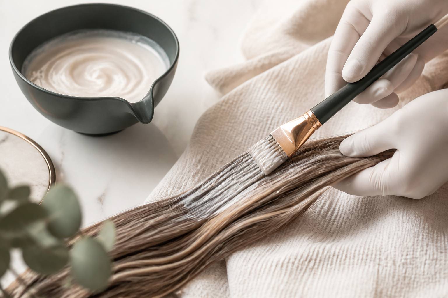 Mèches blondes cendrées aux reflets gris-beige avec pinceau de balayage et bol de coloration