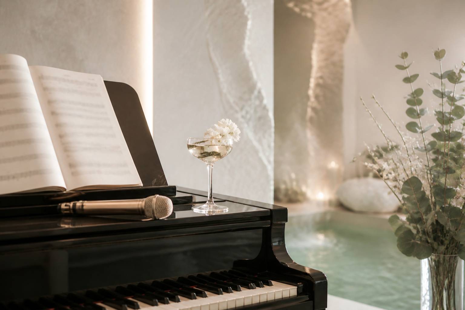 Micro posé sur un piano avec partition et fleurs blanches