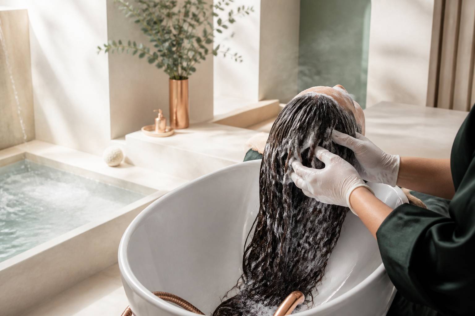 Cheveux longs brillants vus de dos avec de la mousse de shampooing