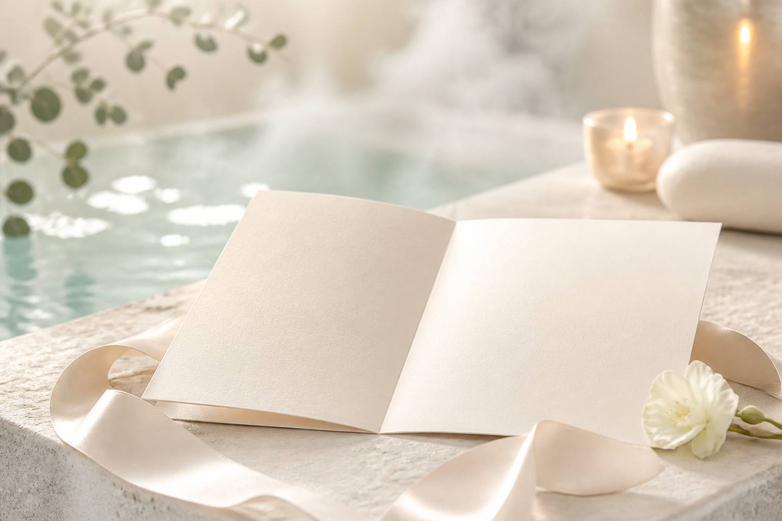 Pages ivoire d'un faire-part avec un ruban de satin et une décoration florale blanche