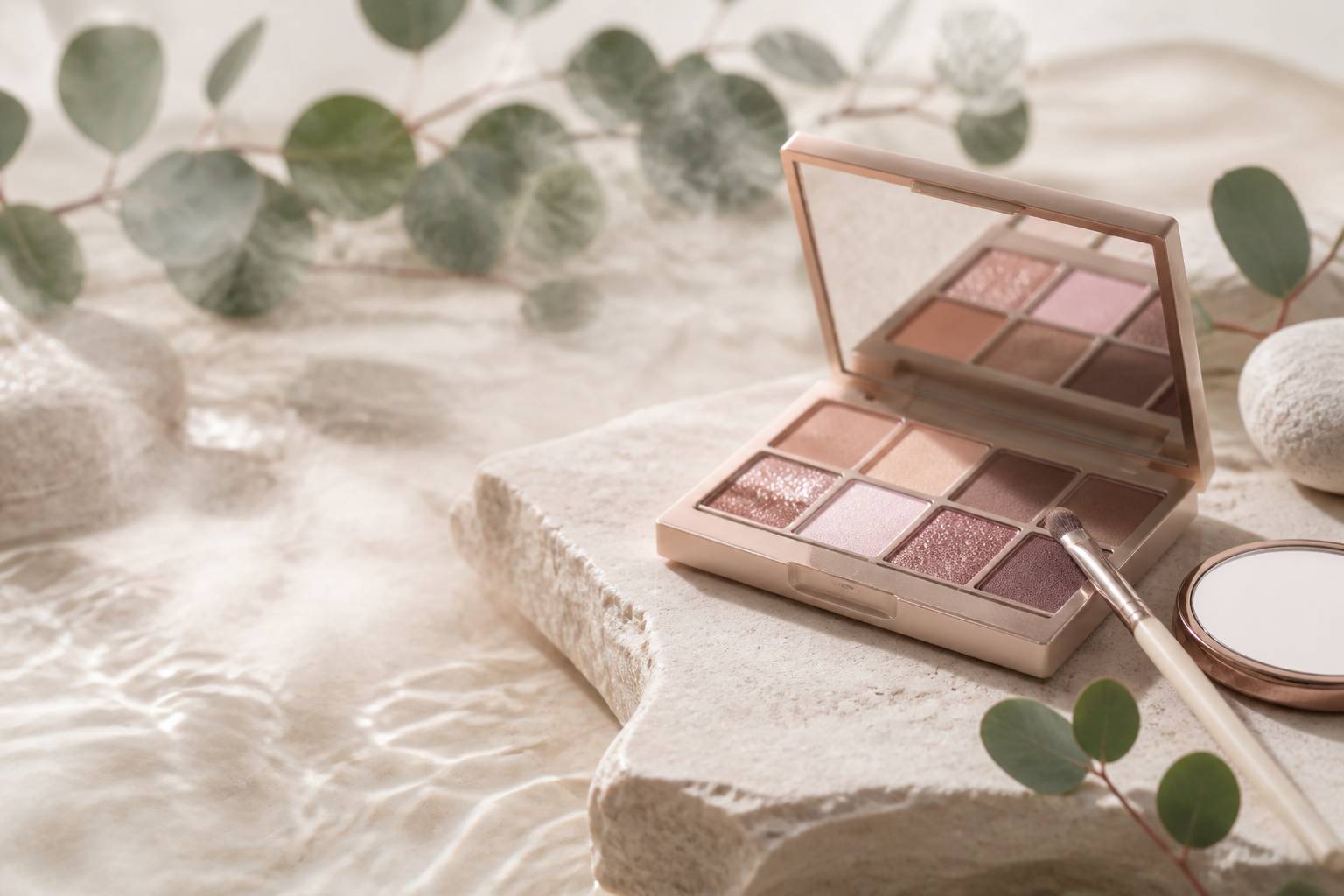 Palette de maquillage nude aux textures nacrées avec un pinceau fin