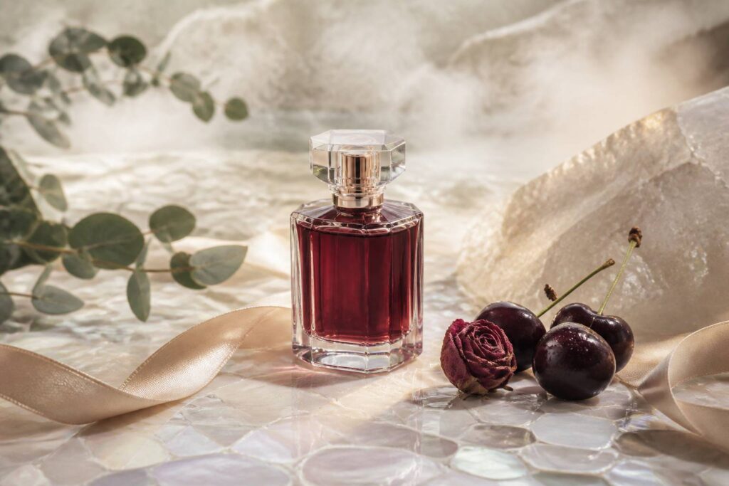 Flacon de parfum rouge cerise avec des cerises noires fraîches