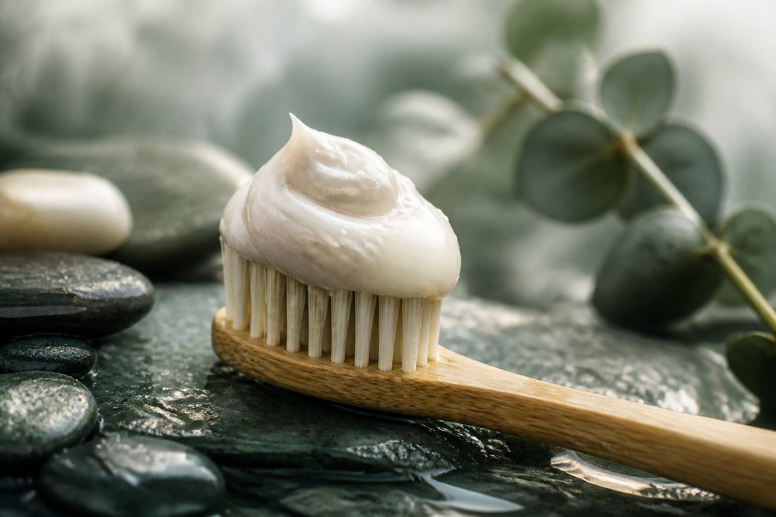 Dentifrice blanc sur brosse en bambou avec gouttes d'eau