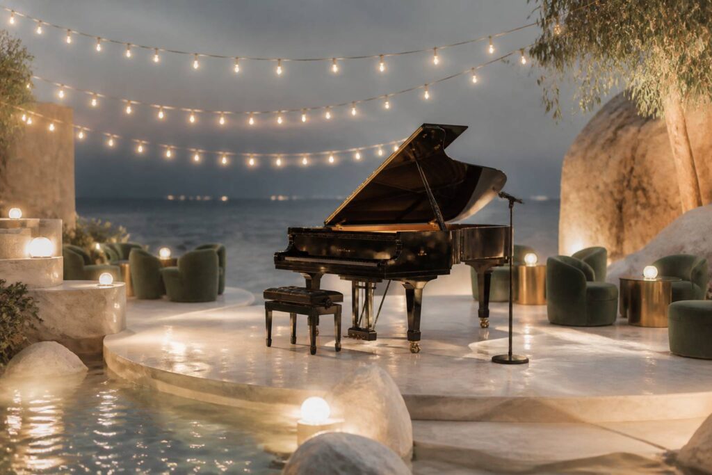 Piano à queue et micro sur une scène de soirée musicale élégante
