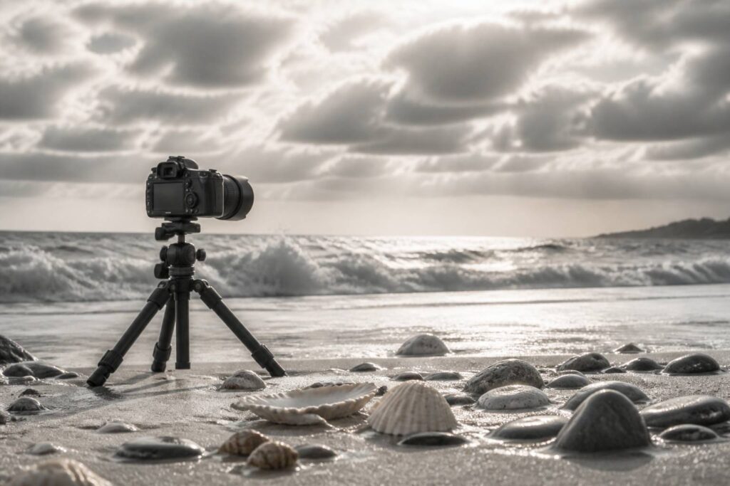 Plage en noir et blanc avec appareil photo sur trépied et vagues déferlantes
