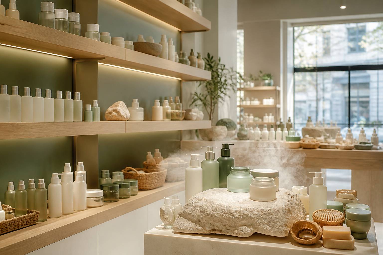 Rayon de cosmétiques avec flacons génériques sur étagères en bois