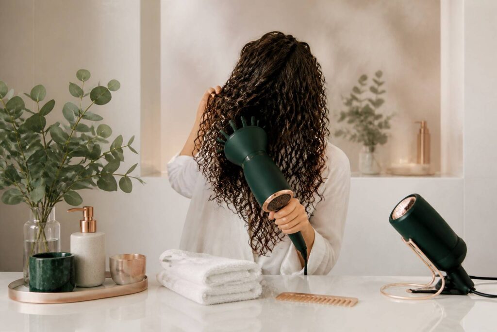 Sèche-cheveux avec diffuseur sur une coiffeuse en marbre