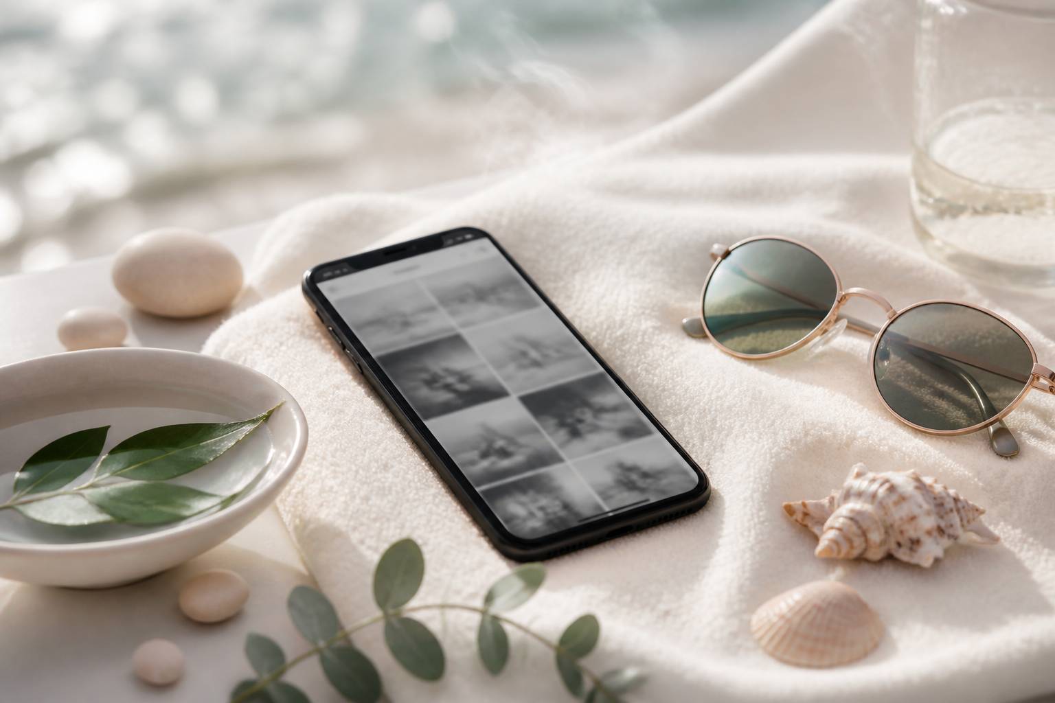Smartphone posé sur une serviette de plage avec grille de photos en noir et blanc