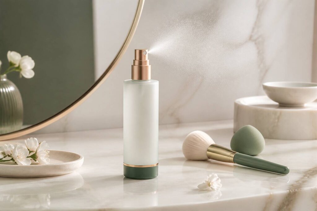 Spray fixateur de maquillage avec brume sur marbre