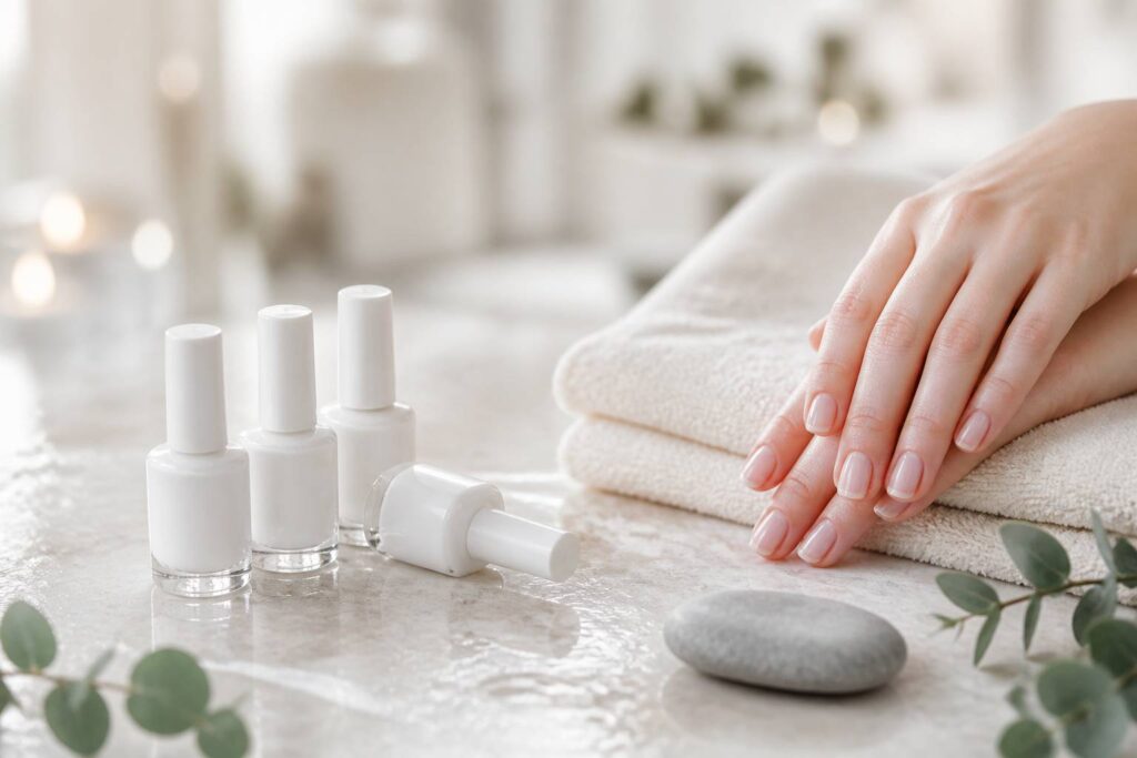 Flacons de vernis durcisseur blancs sur une surface minérale claire